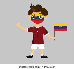 Fan of  Venezuela national football team, sports. Boy with flag in the colors of the national command with sports paraphernalia.