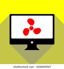 Fan, ventilator icon. Vector. Red icon on white monitor of black all-in-one desktop computer with two shadows at yellow background.