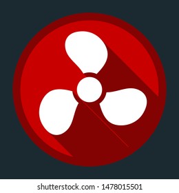 Fan, ventilator icon. White icon with shadow on round red button at dark cyan background. Illustration.