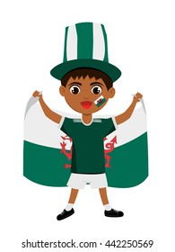 Fan of Wales national football team, sports. Boy with flag in the colors of the national command with sports paraphernalia. 