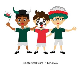 Fan of Wales national football team, sports. Boy with flag in the colors of the national command with sports paraphernalia. 