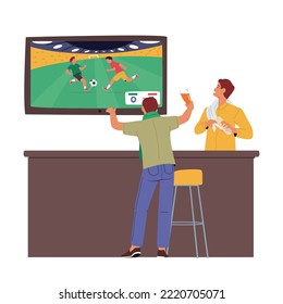 Fan Watching Football Match on Tv in Beer Pub or Night Club. Male Character Soccer Supporter and Barman Cheering Rear View. Excited Man Support Favorite Team. Cartoon People Vector Illustration