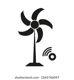 Fan with Wi Fi. Smart cooling device. Black minimalist icon. Airflow technology symbol.