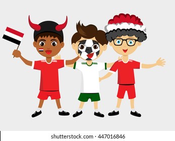 Fan of Yemen national football team, sports. Boy with flag in the colors of the national command with sports paraphernalia.