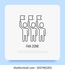 Fan zone thin line icon, group of people with raised flags. Modern vector illustration of sport audience.