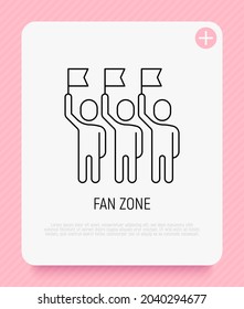 Fan zone thin line icon, group of people with raised flags. Modern vector illustration of sport audience.
