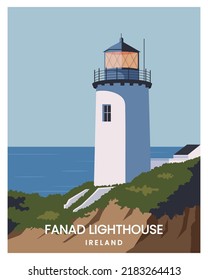 fanad lighthouse vector landscape. travel to donegal ireland. vector illustration for poster, postcard, art print with minimalist style.