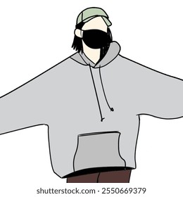 Fanart style vector character. Vector depicting a tomboy girl with a mask, green hat and gray hoodie.