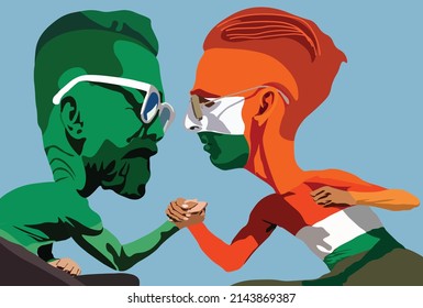 Fanatic fans of football face to face  with coloring skin on body. Supporter soccer illustration in caricature cartoon