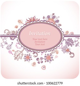 Fanciful oval invitation or greeting card with floral decor (vector).