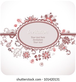 Fanciful oval invitation or greeting card with floral ornament (vector).