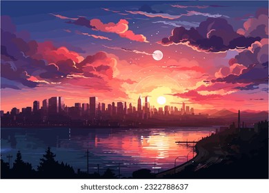 A fanciful rendering of a romantic sunset over a city skyline