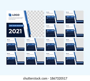 Fancy 2021 calendar template. Calendar for the year 2021 with a blue and black color combination. Suitable for corporate calendars or personal use.