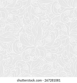 Fancy abstract hand drawn doodle repeating seamless pattern on light grey background. Vector illustration.