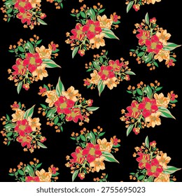 Fancy Allover Seamless Bold Floral Print New Digital Textile Design with Bright Flowers on Black Background for Kurti and Dupatta - Vibrant Evening Ethnic Fabric Vector