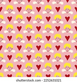 fancy angels and heart Valentines Day pattern. Modern Illustration in a doodle style