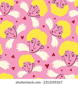 fancy angels and heart Valentines Day pattern. Modern Illustration in a cartoon style