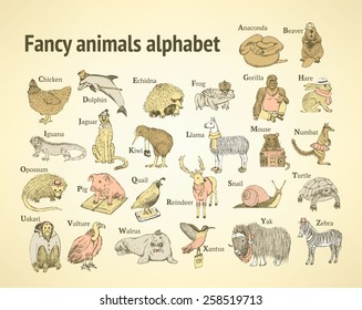 Fancy animals alphabet in vintage style 