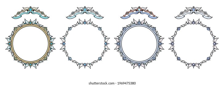 Fancy and antique round frame set vector blue
