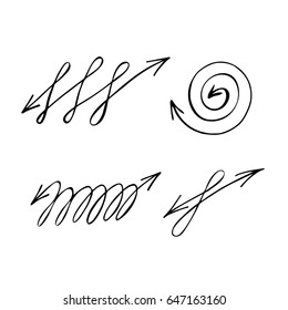 Fancy arrows in the shape of a spiral. Hand drawn arrows collection isolated on white background. Vector illustration.