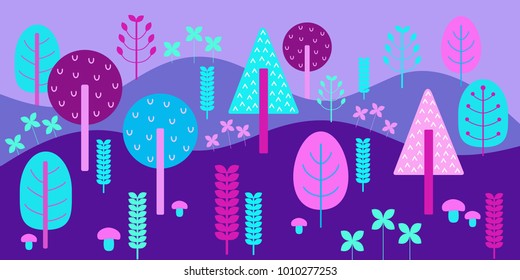 Fancy background with fantastic forest,  plants and mushrooms in trendy  colors, ultraviolet, pink and turquoise, cute backdrop for kids illustration, animation, game, unusual Scandinavian style.