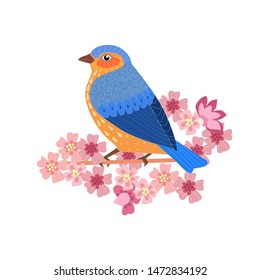 fancy bird sitting on branch of blossom sakura for your design
