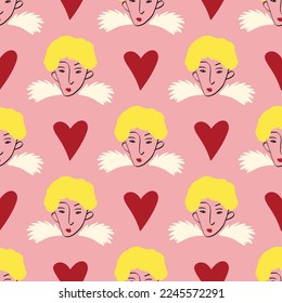 fancy bizarre angels and heart Valentines Day pattern. Modern Illustration in a doodle style