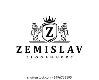 Fancy Black on White Royal Lion Logo - Classy Letter Initial Crest Design - Luxury Lion Emblem - Heraldic Badge Monogram Vector Illustration