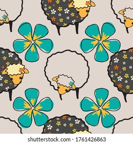 Fancy black and white sheep and flowers, seamless vector pattern surface design