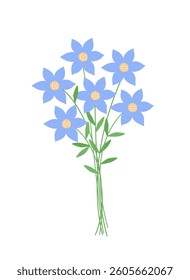 Fancy blue flowers bouquet, simple hand drawn illustration, spring garden plant with stem leaves, cartoon design element, Easter holidays celebration clipart for cards, banner, springtime decoration
