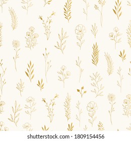 Fancy botanical pattern. Summer ornate motif. Gold vector illustration.