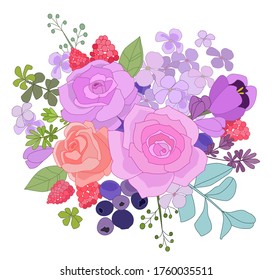 fancy bouquet with lilac roses, summer forest berries and cute floral twigs. colorful flower arrangement for your design