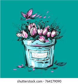 Fancy Bouquet of tulips in a bucket for you design