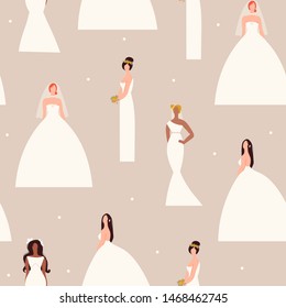 Fancy brides in trendy wedding dresses standing in various poses. Fashion look.  Female faceless characters. Hand drawn colored vector seamless pattern. Flat design