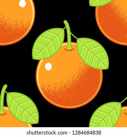 Fancy, bright seamless pattern of ripe, juicy orange fruits with green leaves. On black background.