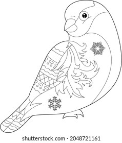 Fancy bullfinch on white background. Contour illustration for coloring book with fantasy bird. Anti stress picture. Line art design for adult or kids in zentangle style, tattoo and coloring page.
