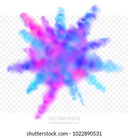 Fancy burst of color powder. Colorful explosion of vivid purple, bright blue, pink paints. Magic volume splash of wet dyes. Fluffy bang of watercolor without trace. Abstract transparent fireworks.