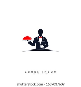 Fancy Butler Service Holding Tray Silhouette Vector Illustration Template 