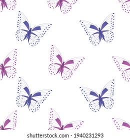 Fancy butterfly seamless pattern vector. Cute flying pink and blue butterflies on isolated white background. For baby and children fabric, cloth, backdrop, wallpaper, wrapping paper.