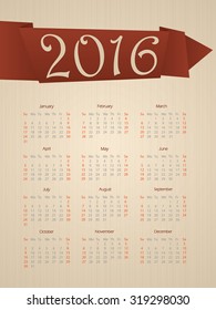 Fancy calendar design with brown ribbon for year 2016