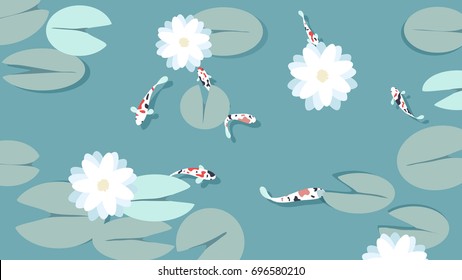 Fancy carp swimming with lotus flowers and leaves in the pool