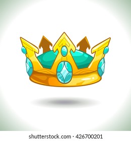 Fancy cartoon vector golden crown icon, isolated on white, game trophy asset