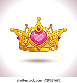 Fancy cartoon vector golden princess crown icon, isolated on white, game trophy asset