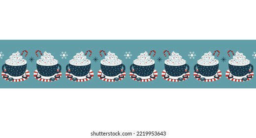 Fancy Christmas Coffee Cup Seamless Border Pattern. Cute Hot Chocolate, Cocoa Drink Mug Repeat Cartoon Design Element. Cozy Winter Mood, Fun Hand Drawn Banner Background, Card, Flyer Frame Template