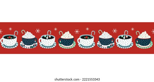 Fancy Christmas Coffee Cup Seamless Border Pattern. Hot Chocolate, Cocoa Drink Mug Repeat Ribbon Cartoon Design Element. Cozy Winter Mood, Fun Hand Drawn Banner Background, Card, Flyer Frame Template