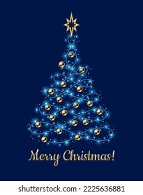 Fancy christmas tree made of festive colorful garland, blue lights, gold balls, bethlehem gold star on top. Glowing sparkles, stars on wire strings. Wavy shape of tree. No transparency effect