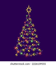 Fancy christmas tree made of festive colorful garland, gold balls, bethlehem gold star on top. Glowing sparkles, stars on wire strings. Spiral shape of tree. No transparency effect