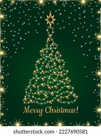 Fancy christmas tree made of festive garland, lights, gold balls, bethlehem gold star on top. Glowing sparkles, stars on wire strings. Clipping Mask. No transparency effect