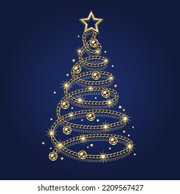 Fancy christmas tree made of jewelry gold and silver chains, shiny ball beads. Elegant jewelry illustration for winter sales, christmas, new year holiday, gift decoration.