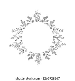Fancy circle frame for holiday invite, wedding, certificate. Round borders with black leaves.